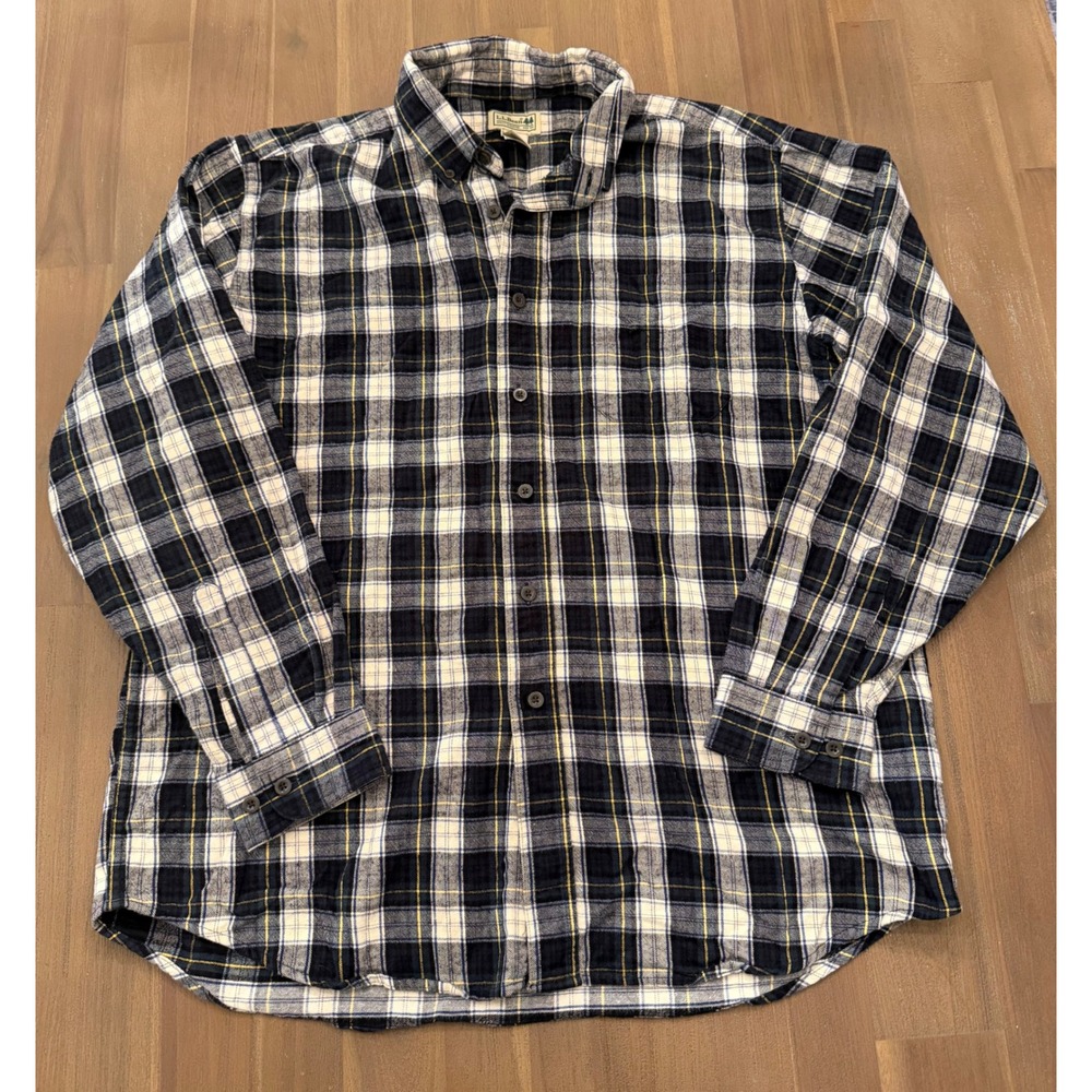 LL Bean Mens Flannel Shirt Large Navy Blue White Plaid Cotton Button Down 228061